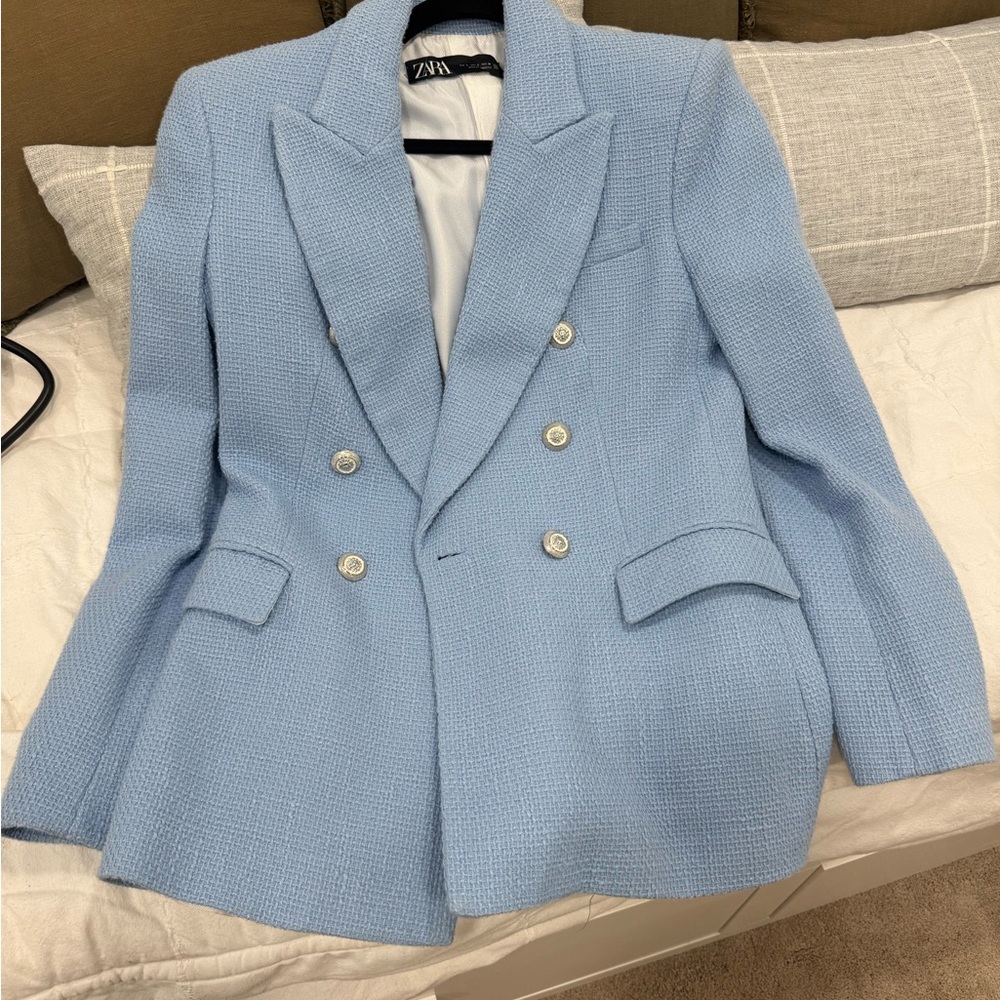 Zara Women's Light Blue Double-Breasted Blazer